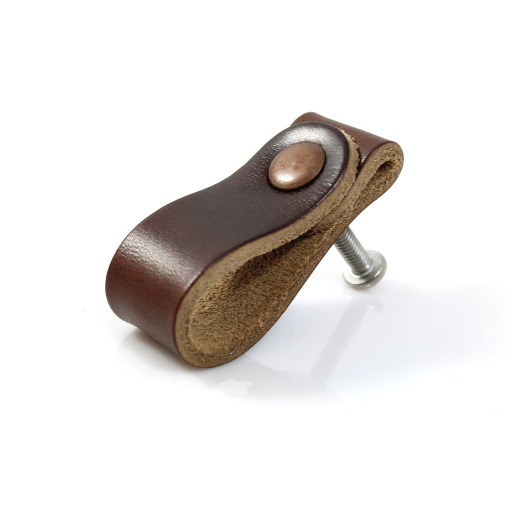 leather drawer pulls by Makeline Designs, Chocolate Leather with Antique Copper Hardware